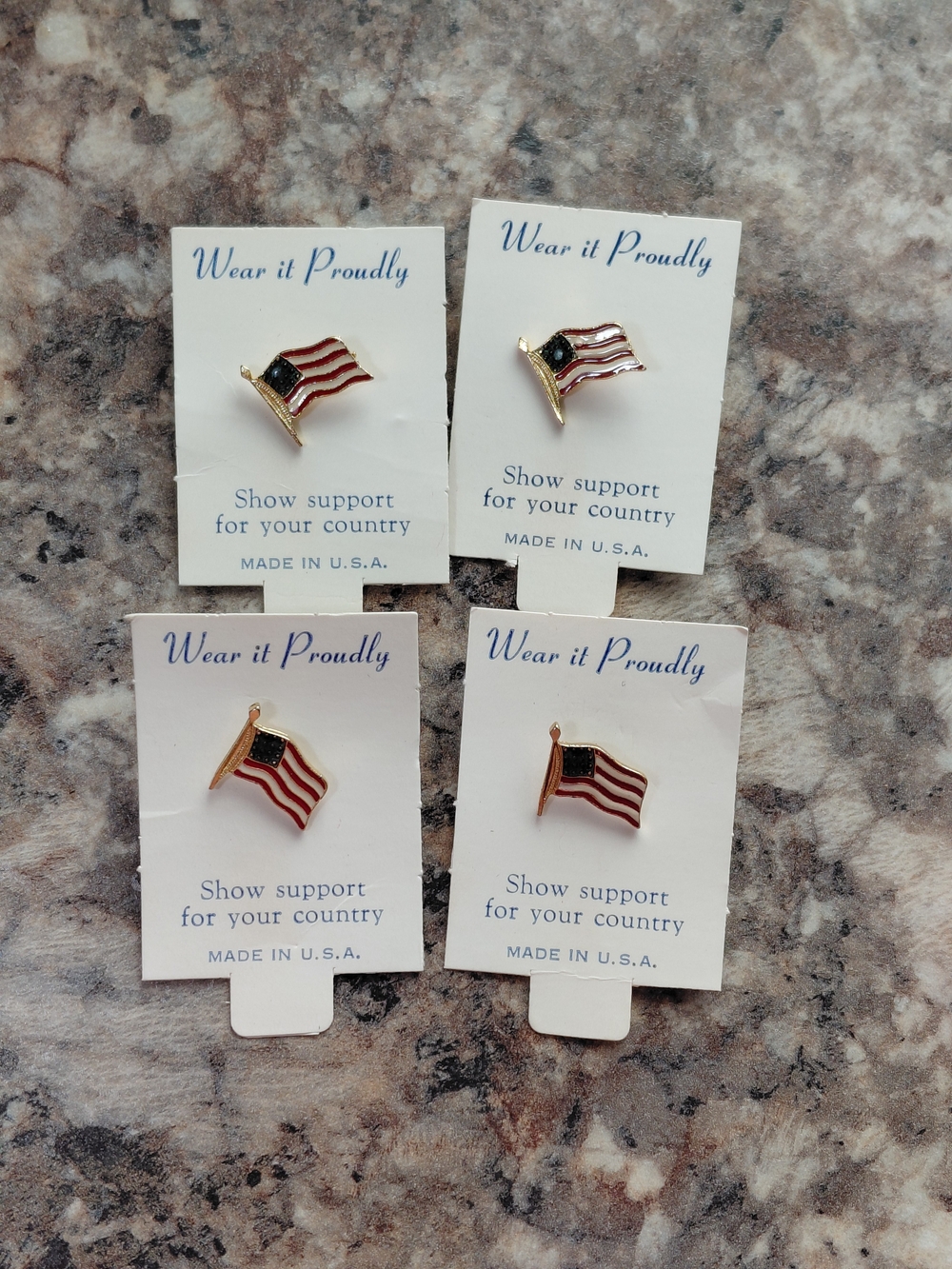 Set of 4 Vintage American Flag 'Wear It Proudly' Patriotic Brooch Lapel Pins